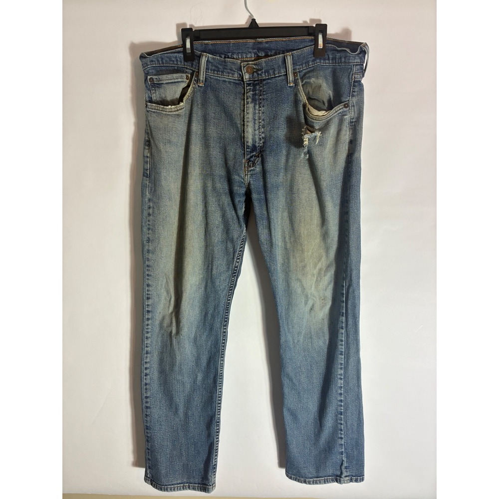 Levis 505 Regular Fit Jeans Mens 38x32 Medium Wash Distressed Straight Leg Denim
